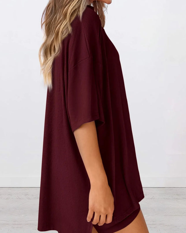 Full Size Oversized Slit Round Neck Top and Shorts Lounge Set Plus Size 