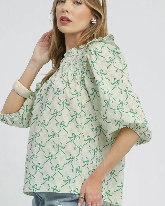 Umgee Ruffled Bow Print Notched Blouse