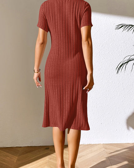 Ivy Lane Ribbed Asymmetrical Neck Short Sleeve Dress