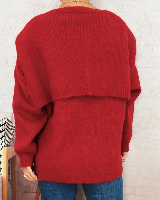 Ribbed Hem V-Neck Sweater with Shawl
