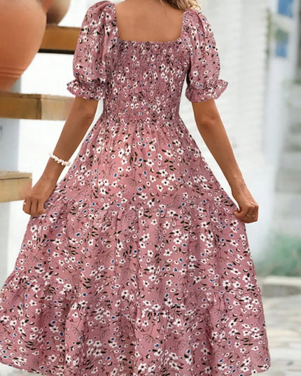 Floral Square Neck Short Sleeve Tiered Dress