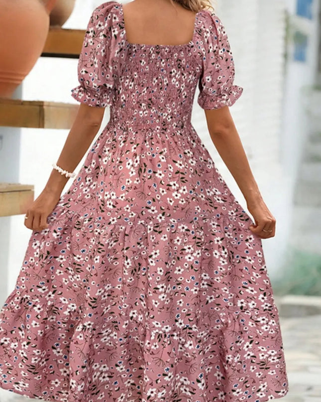 Floral Square Neck Short Sleeve Tiered Dress