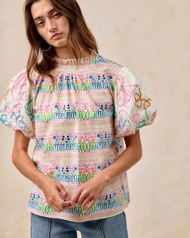 BiBi Ruffle Neckline Blouse With Embroidery Bubble Sleeve
