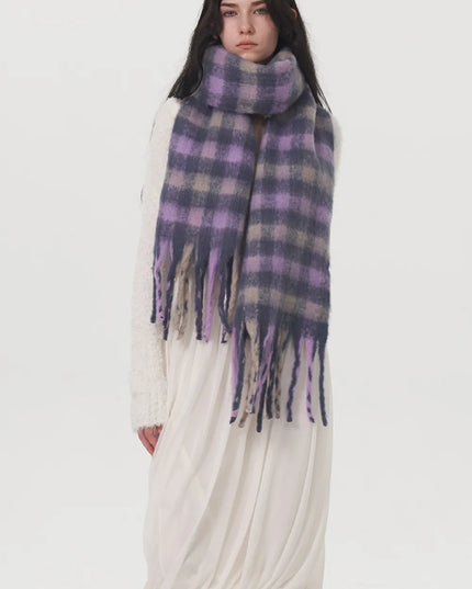 Fringe Plaid Polyester Scarf