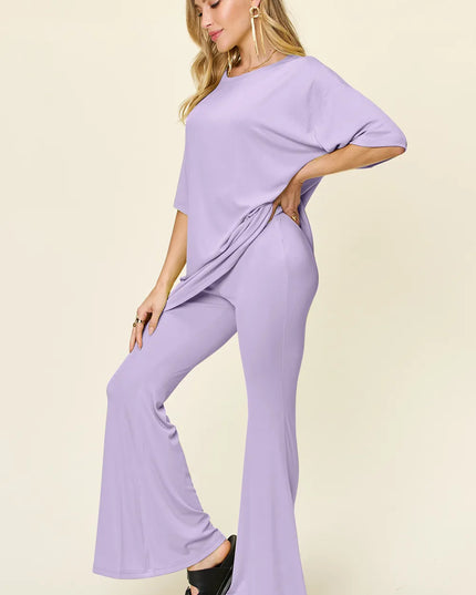 Double Take Full Size Round Neck Drop Shoulder T-Shirt and Flare Pants Set