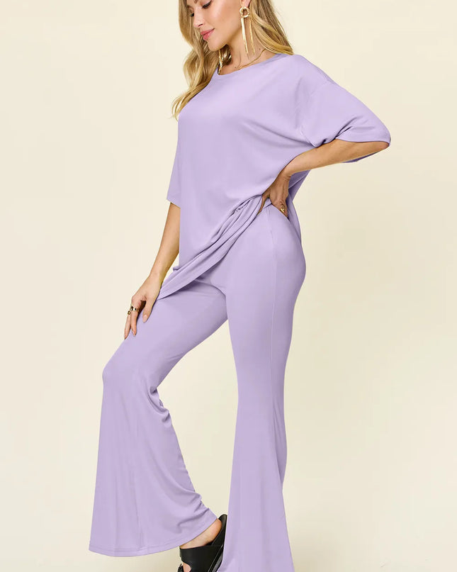 Double Take Full Size Round Neck Drop Shoulder T-Shirt and Flare Pants Set