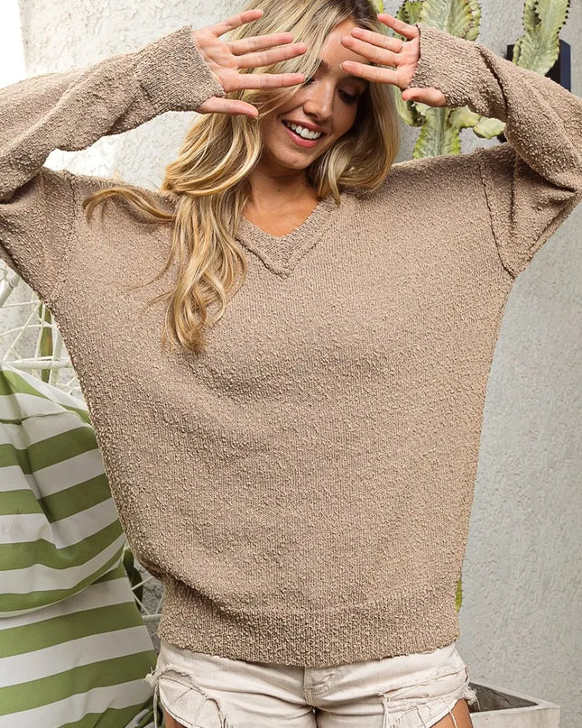 BiBi Raw Edged Popcorn Texture V-neck Sweater LATTE