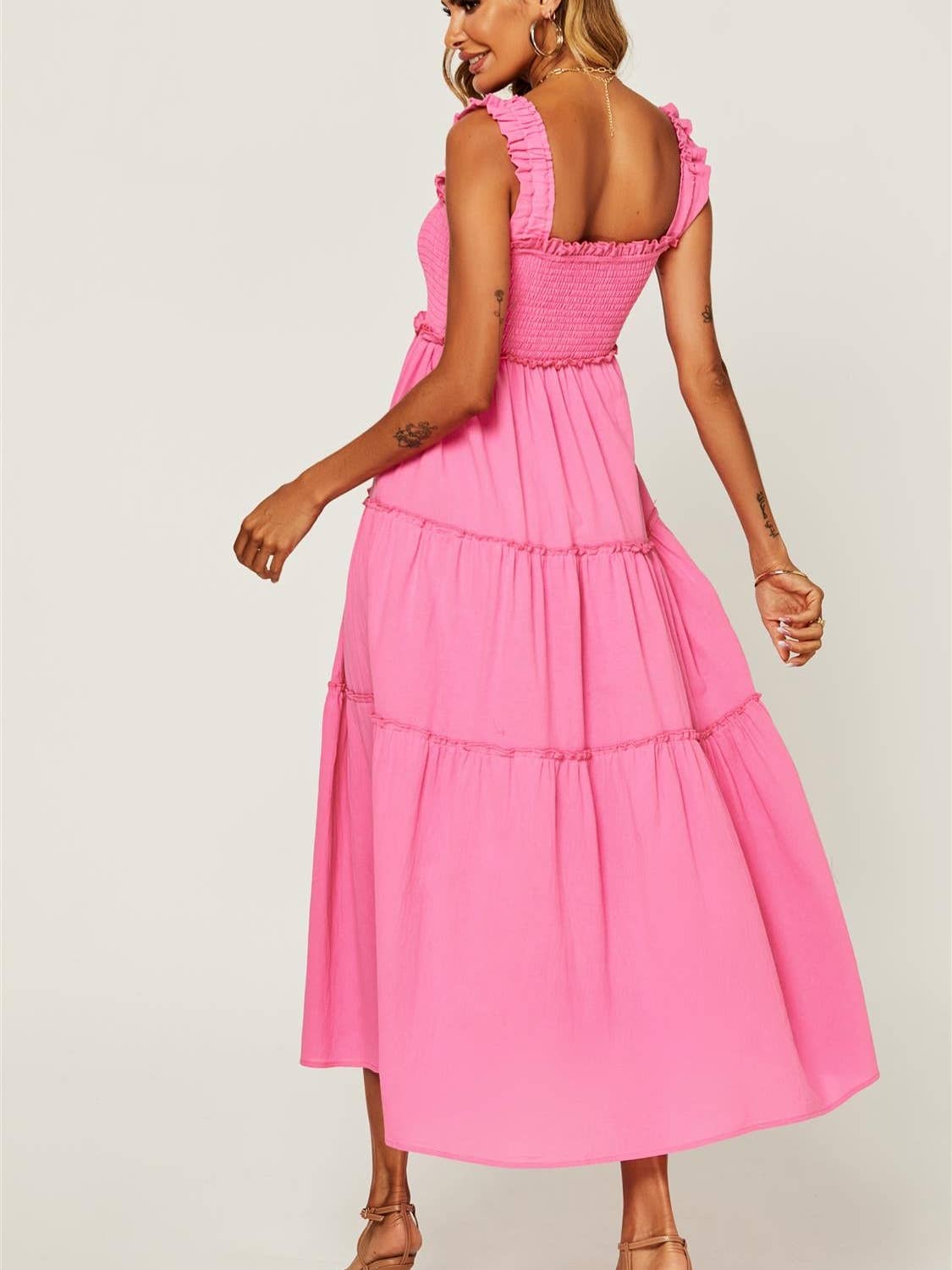 Hem Detail Tiered Maxi Dress in Fuchsia Pink.