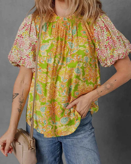 Multicolour Printed Contrast Bubble Sleeve Patchwork Blouse