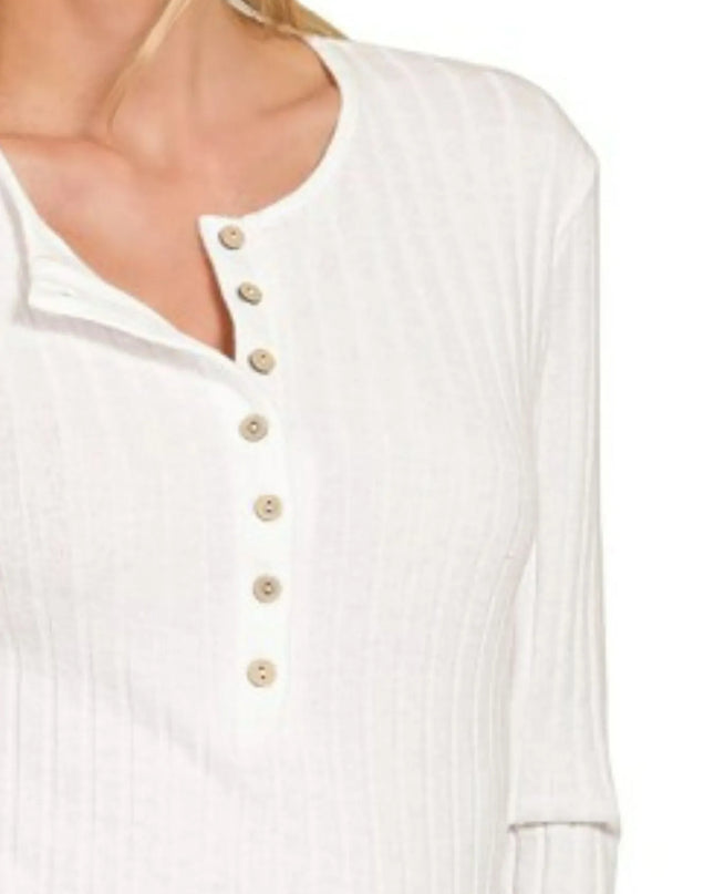 Zenana Ribbed Long Sleeve Half Button Top
