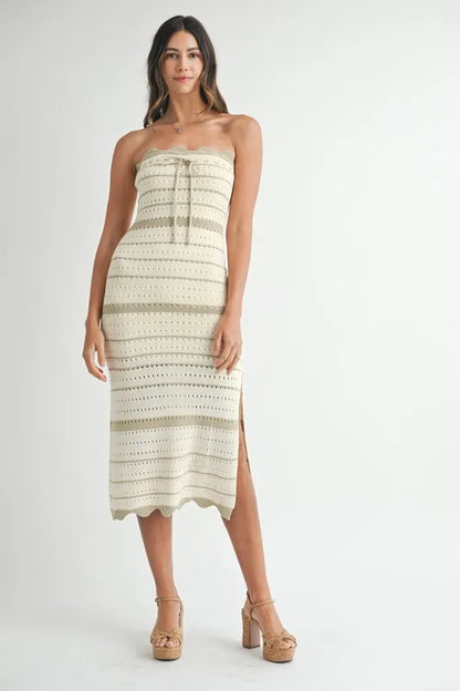 MABLE Contrast Striped Crochet Knit Midi Dress