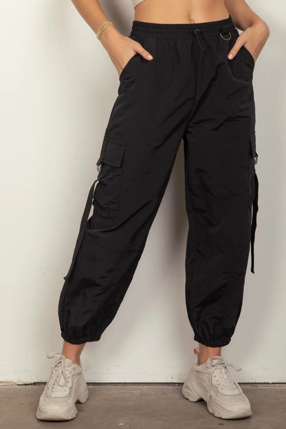 VERY J Elastic Waist Woven Cargo Pants Black