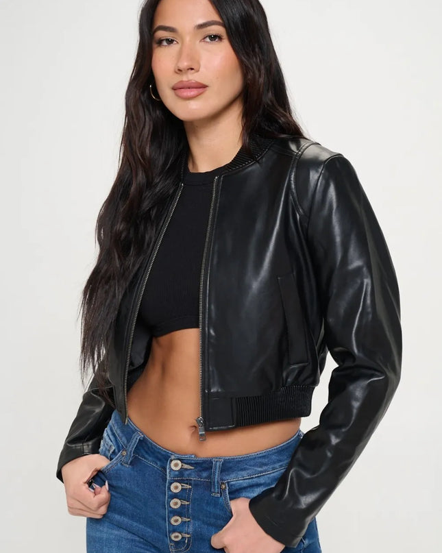 Coalition LA Zip Up Cropped Bomber Jacket Black
