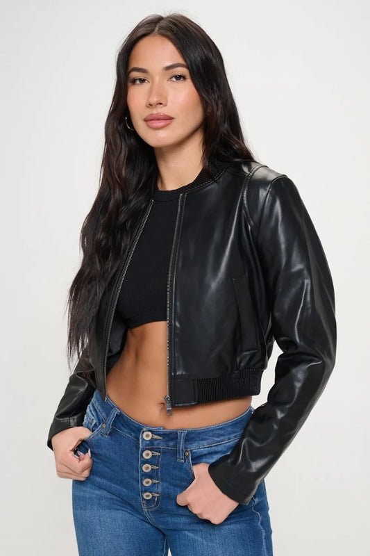 Coalition LA Zip Up Cropped Bomber Jacket Black