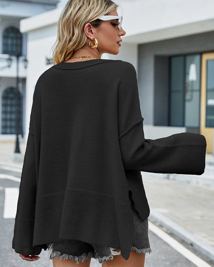 Round Neck Dropped Shoulder Slit Sweater