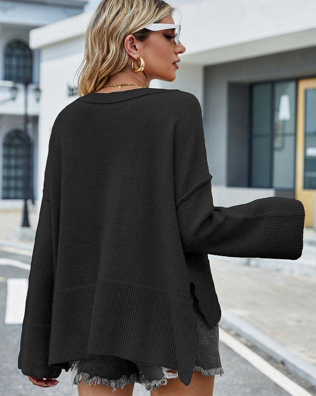 Round Neck Dropped Shoulder Slit Sweater