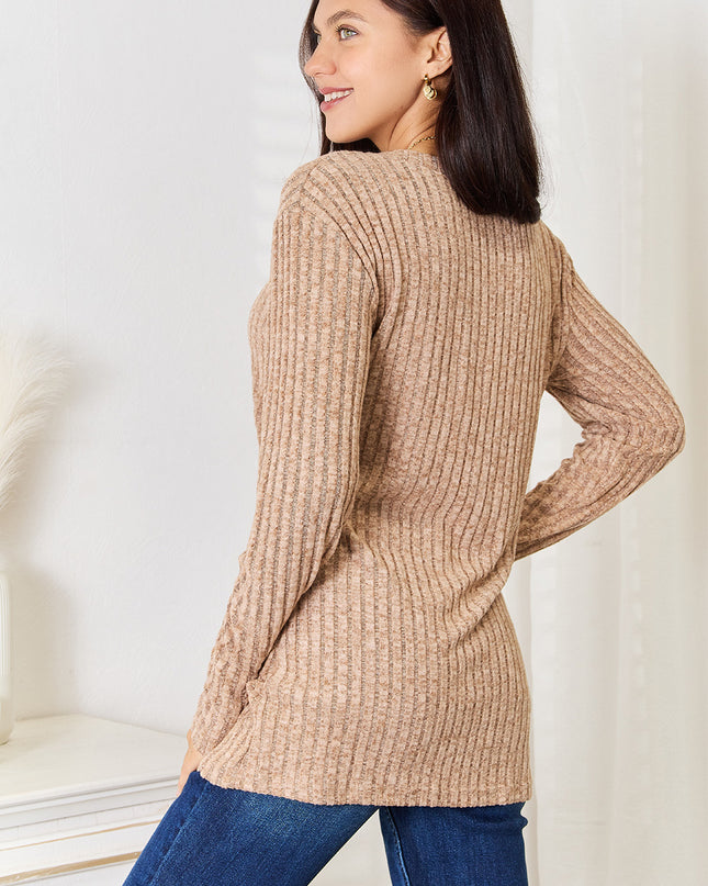 Double Take Notched Neck Ribbed Long Sleeve T-Shirt