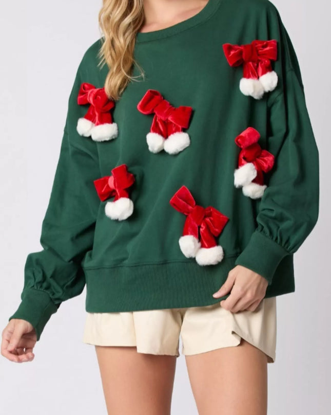 Christmas Long Sleeve Sweatshirt with Pom-Pom Bow Decoration