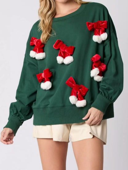 Christmas Long Sleeve Sweatshirt with Pom-Pom Bow Decoration