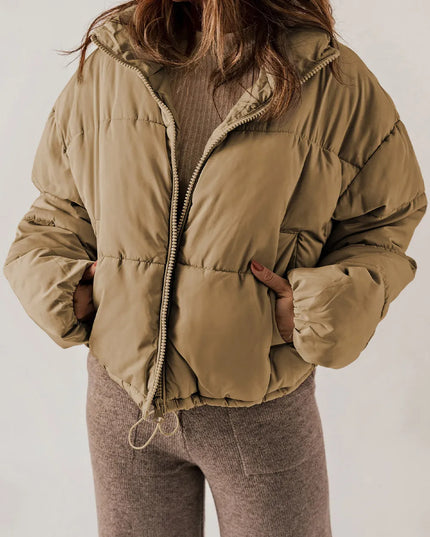 Zip Up Collared Neck Long Sleeve Winter Coat Taupe