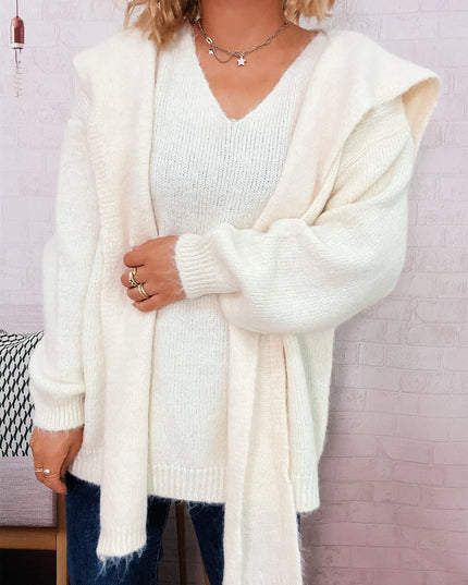 Ribbed Hem V-Neck Sweater with Shawl
