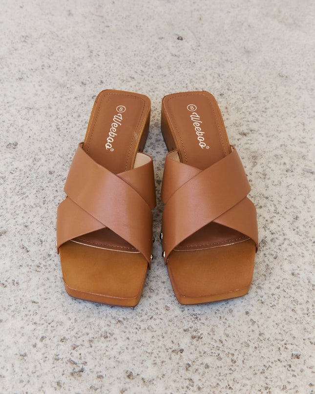 Weeboo Step Into Summer Criss Cross Wooden Clog Mule in Brown