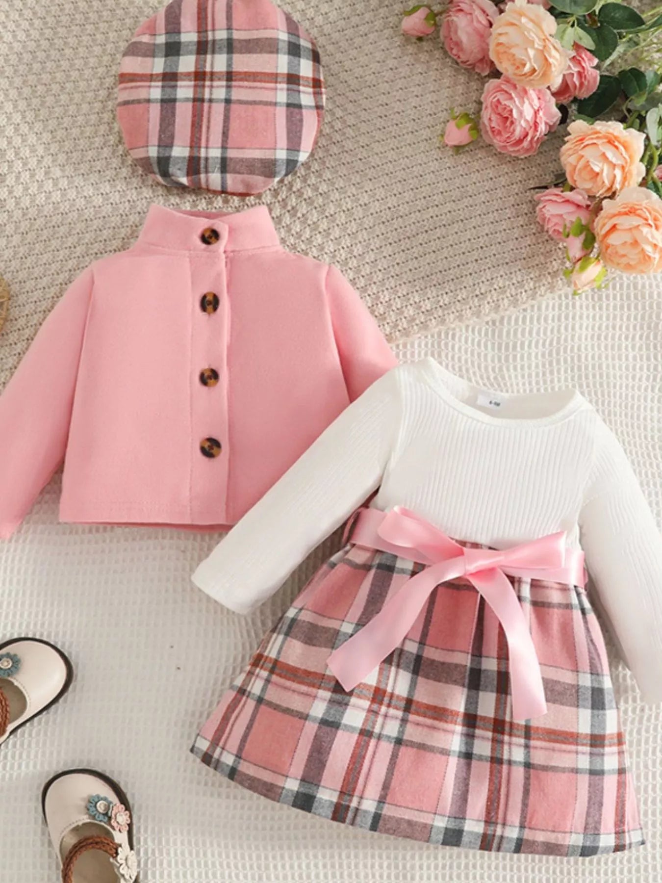Children's Plaid 3-Piece Outfit Set Pink