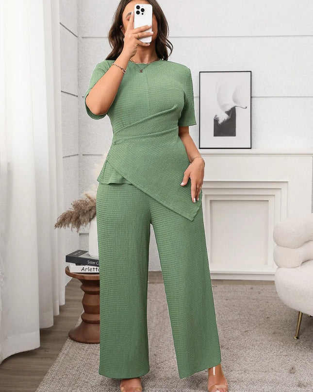 Plus Size Asymmetrical Round Neck Short Sleeve Top and Pants Set