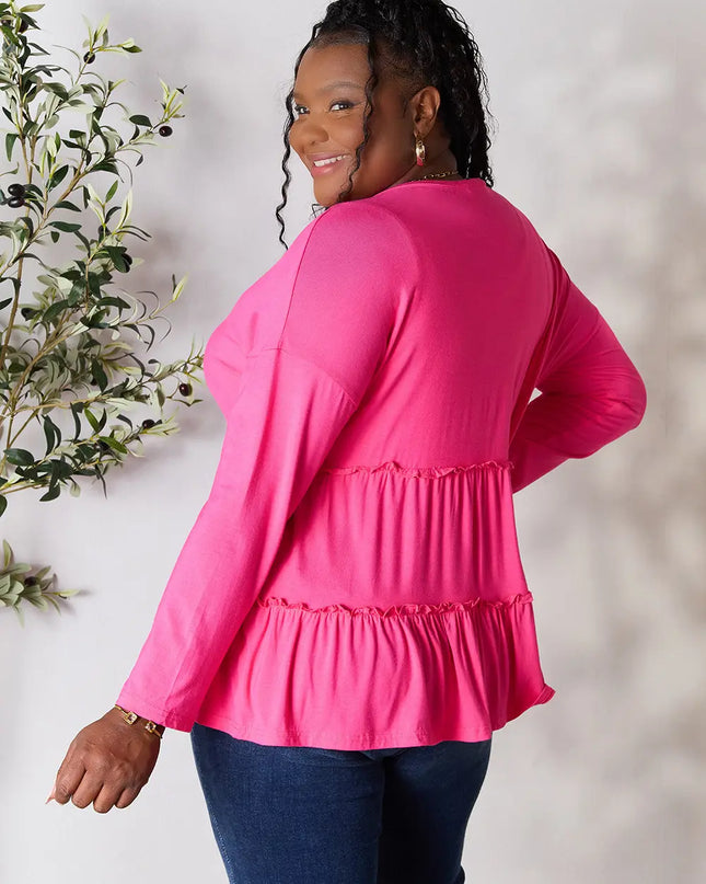 Double Take Half Button Long Sleeve Ruffle Hem Blouse
