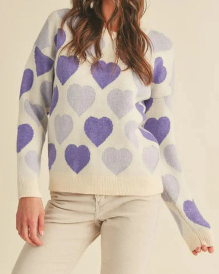 Heart Ribbed Hem Long Sleeve Sweater