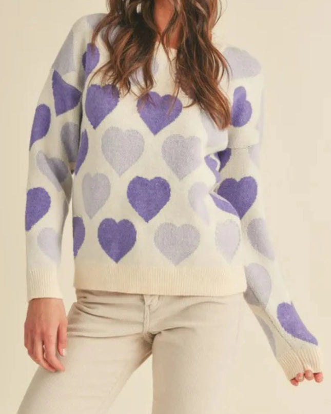 Heart Ribbed Hem Long Sleeve Sweater
