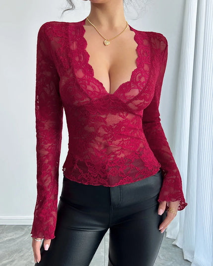 Lace Deep V-Neck Long Sleeve T-Shirt Burgundy
