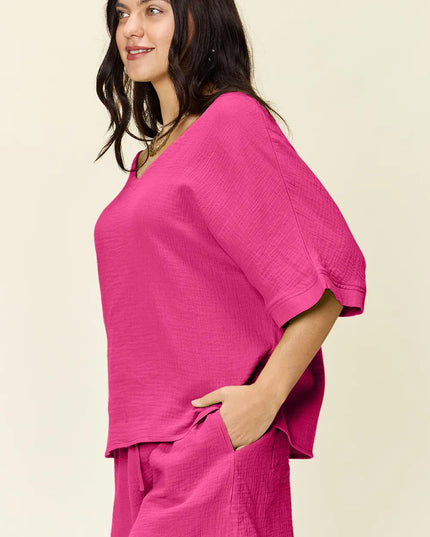 Double Take Texture Half Sleeve T-Shirt and Drawstring Shorts Set