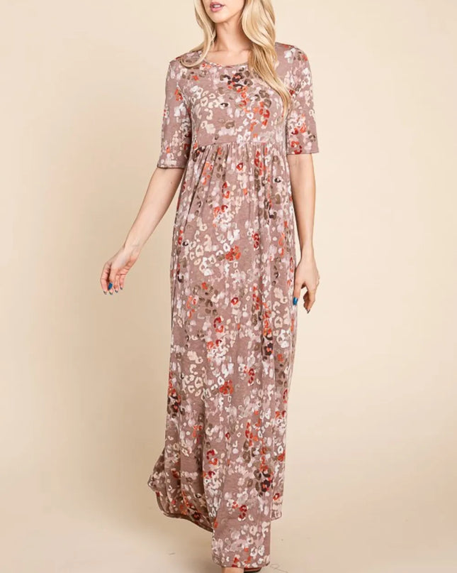 BOMBOM Printed Shirred Maxi Dress Mocha