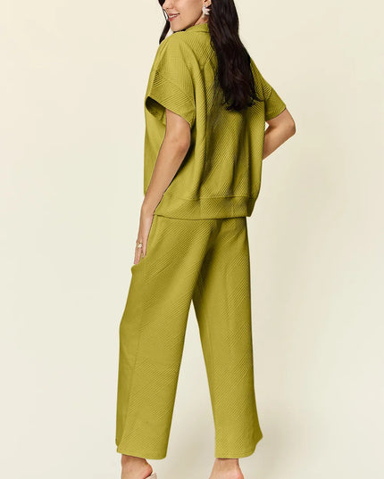 Double Take Full Size Texture Half Zip Short Sleeve Top and Pants Set