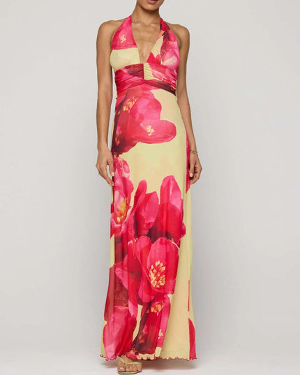 Floral Halter Neck Deep V Maxi Dress Red
