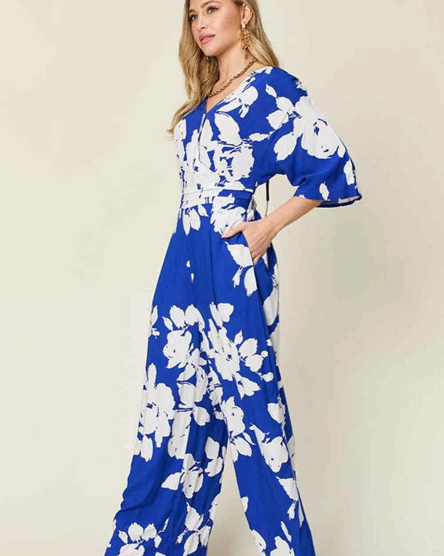 Double Take Full Size Printed Tie Back Wide Leg Jumpsuit