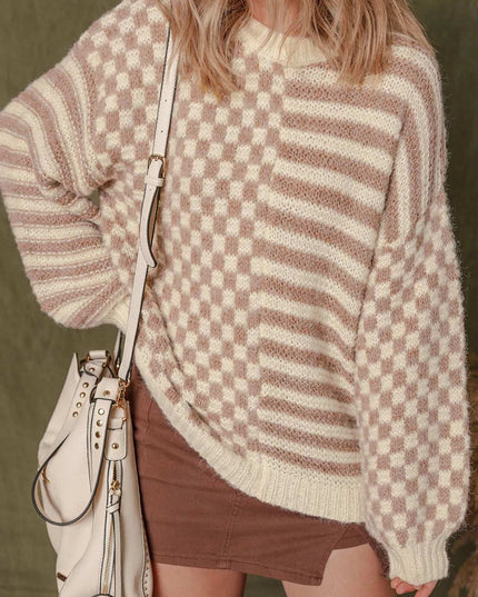 Stripe Checkerboard Drop Shoulder Balloon Sleeve Sweater