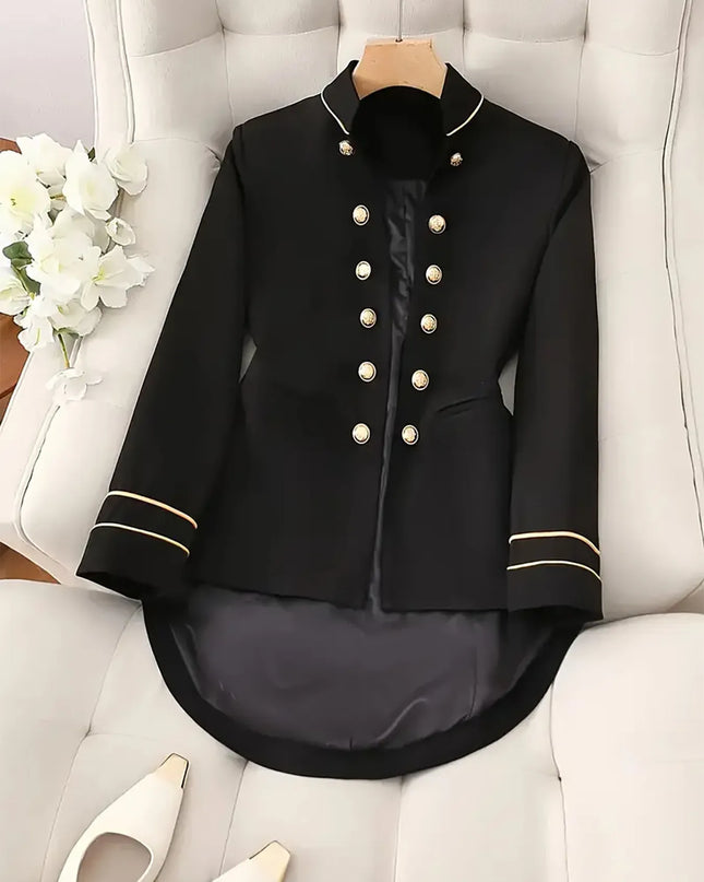 Decorative Button Hight-Low Blazer with Cuff Trim