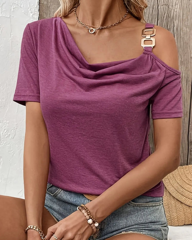 Asymmetric Shoulder T-Shirt with Metal Buckle Detail