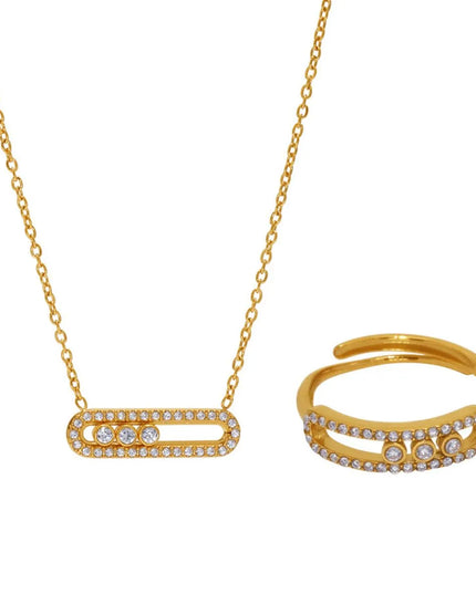 Moving Crystal Bar Necklace and Ring Jewelry Set 