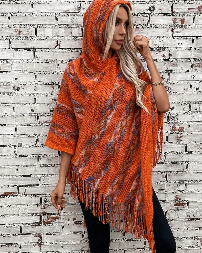Fringe Contrast Hooded Poncho