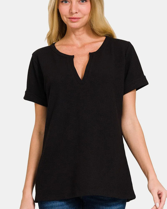 Zenana Notched Short Sleeve Waffle T-Shirt Black