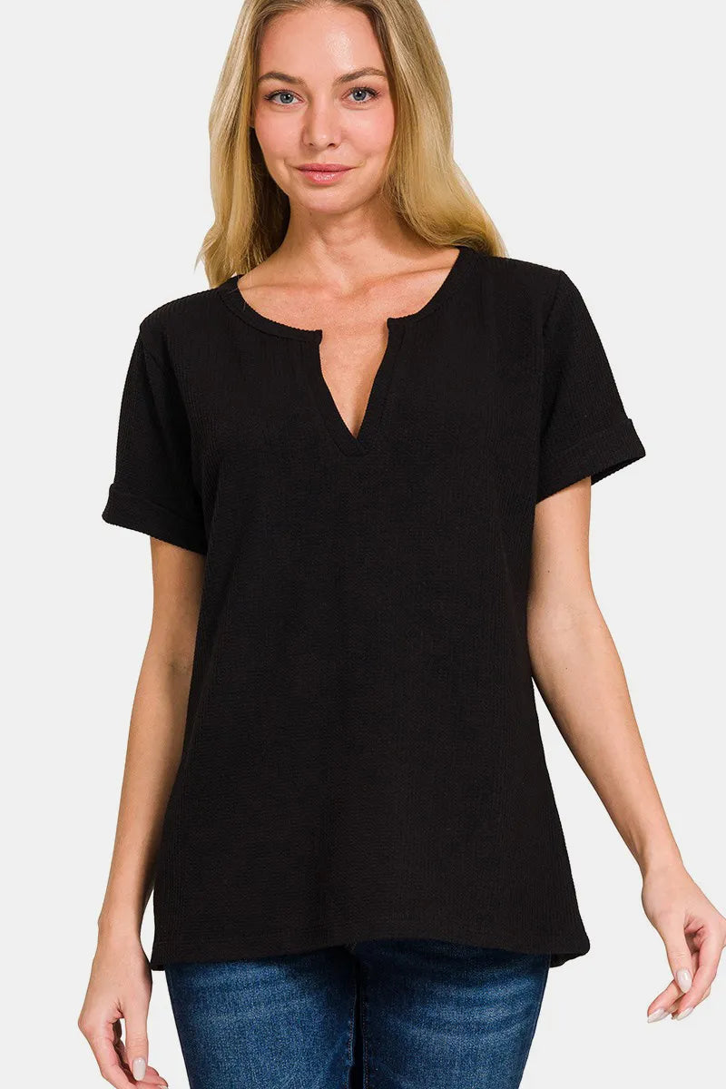 Zenana Notched Short Sleeve Waffle T-Shirt Black