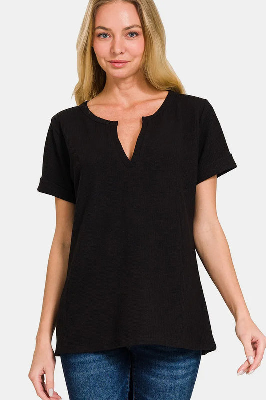 Zenana Notched Short Sleeve Waffle T-Shirt Black
