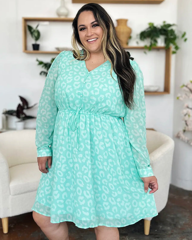 Double Take Full Size Printed Ruched V-Neck Long Sleeve Dress