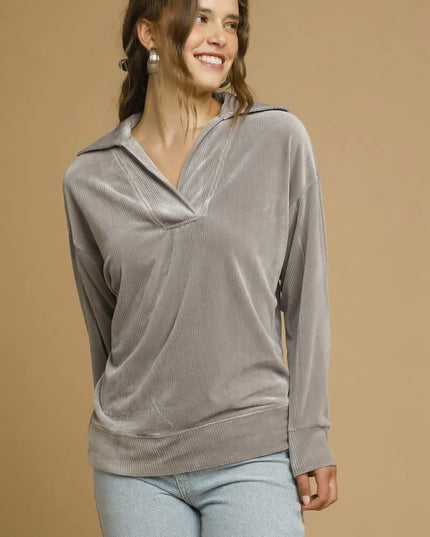Umgee Soft Thermal Collared Long Sleeve Top GREY