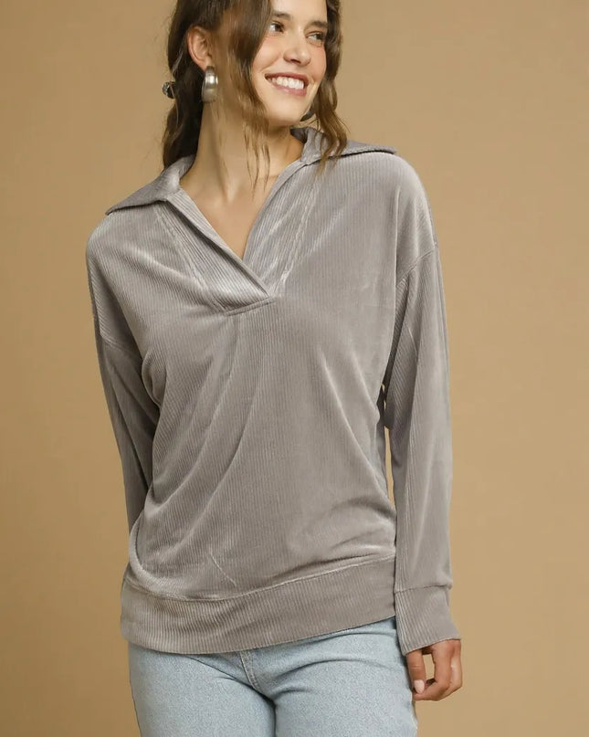 Umgee Soft Thermal Collared Long Sleeve Top GREY