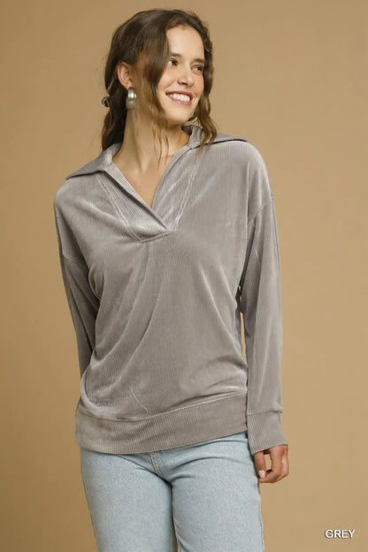 Umgee Soft Thermal Collared Long Sleeve Top GREY
