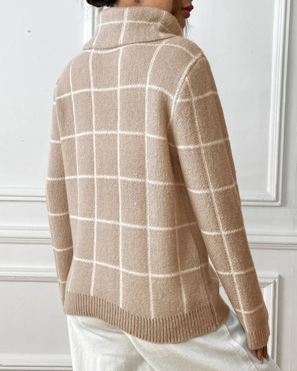 Plaid Turtleneck Long Sleeve Sweater
